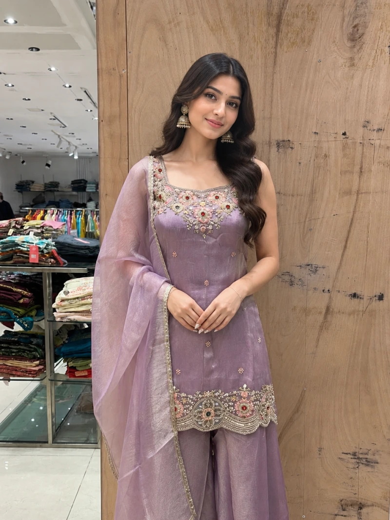 Lavender Shimmer Tissue Stoned Sharara Set