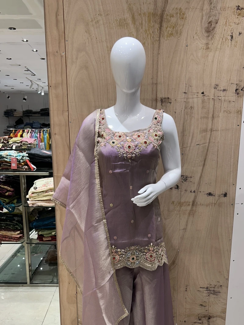 Lavender Shimmer Tissue Stoned Sharara Set