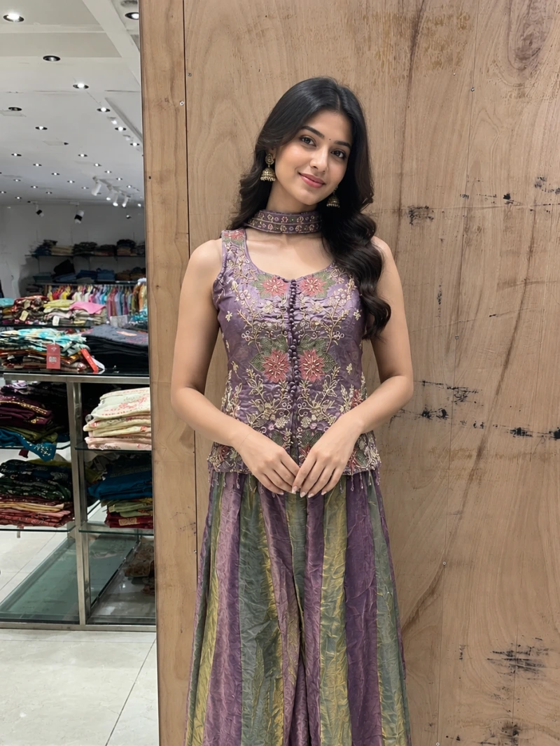 Purple And Greentissue Silk Embroidered Palazzo Set & Dupatta