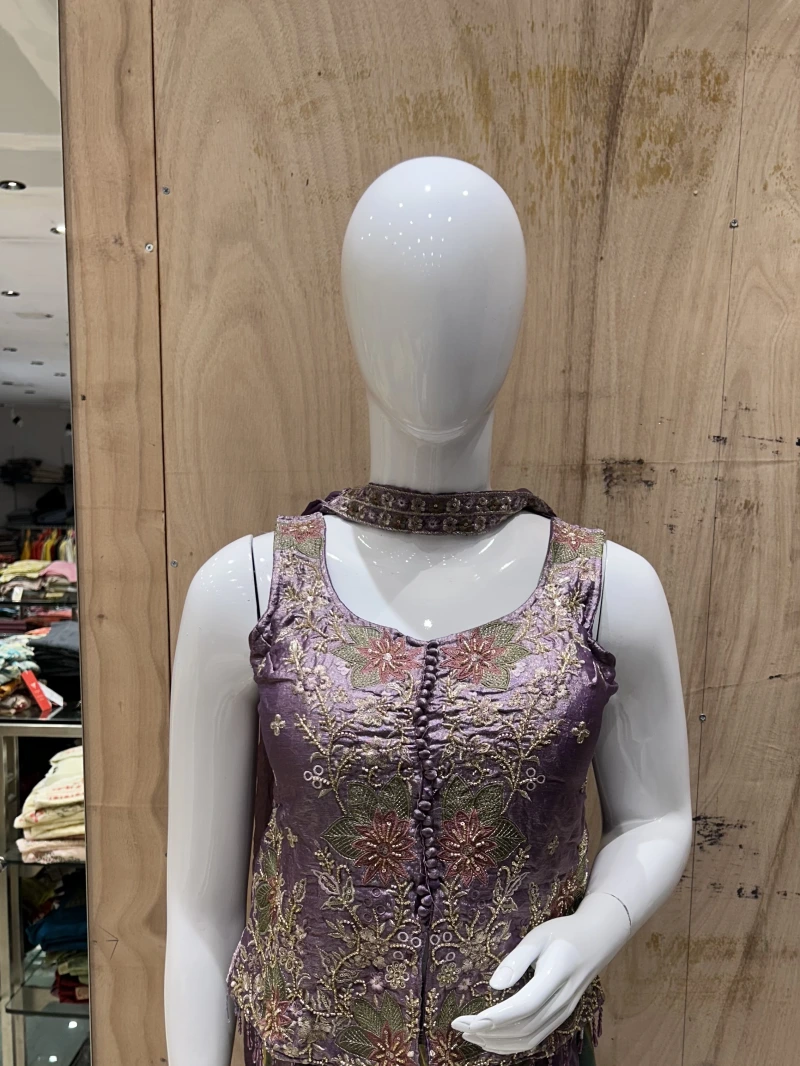 Purple And Greentissue Silk Embroidered Palazzo Set & Dupatta 3