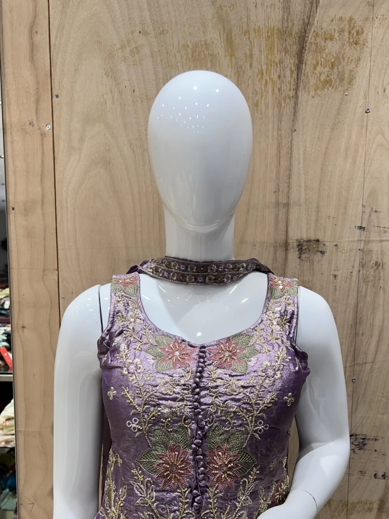 Purple And Greentissue Silk Embroidered Palazzo Set & Dupatta 4