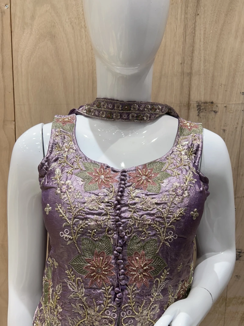 Purple And Greentissue Silk Embroidered Palazzo Set & Dupatta 6