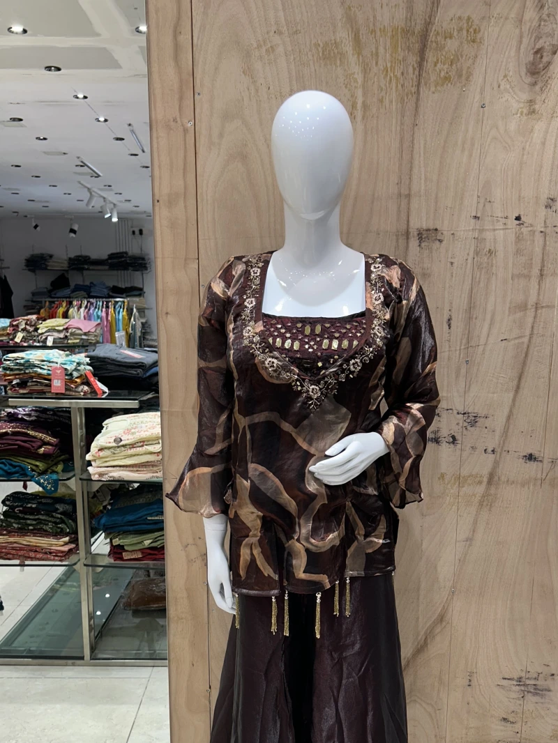 Brown Mirror Design Inner Crop / Peplum & Palazzo Set